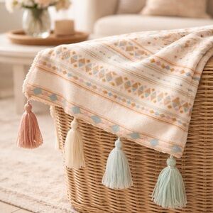 Cozy Tassel Throw Blanket in Cream with Pastel Accents Matilda Jane